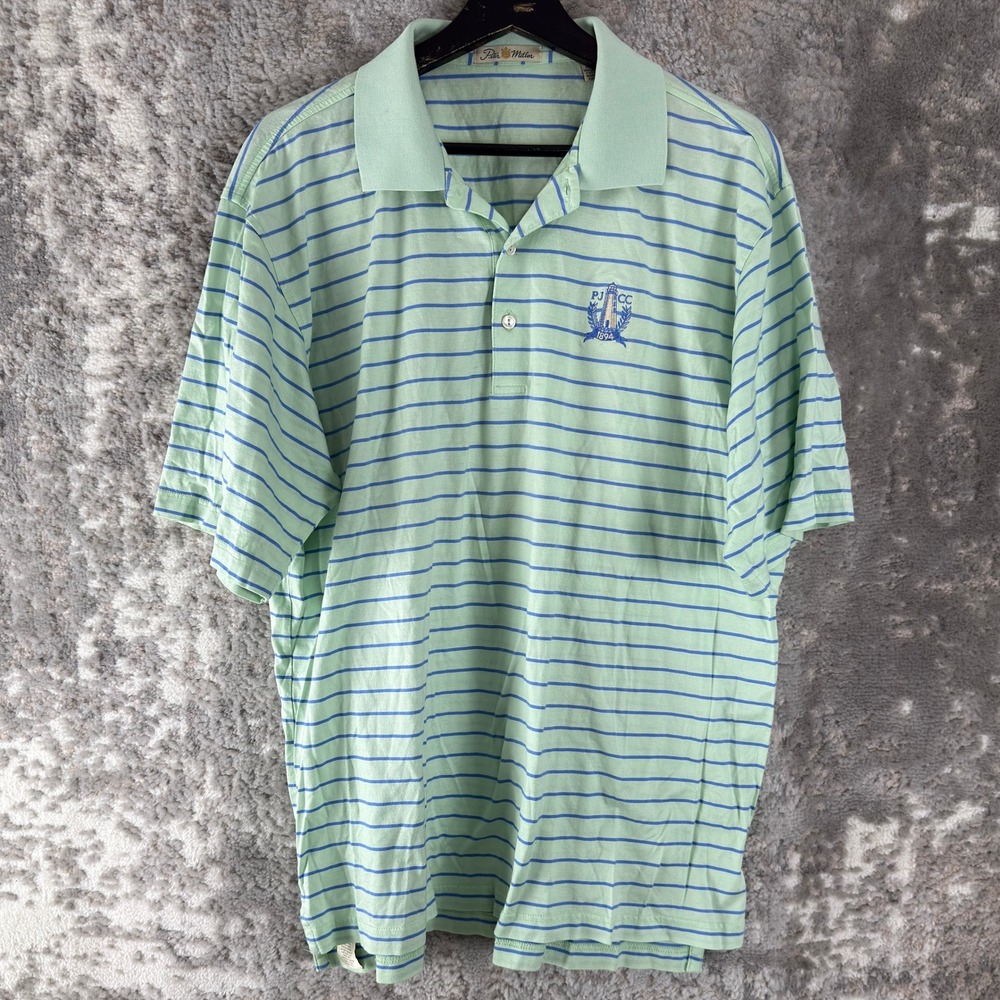 Peter Millar Sz L Striped PJCC 1894 Logo Golf Polo Shirt Green Short Sleeve Men‎